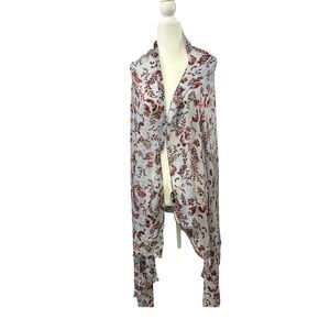 Botanical Bass Scarf Women OS Light Blue Burgundy Floral Leaf Print Fringe‎ Wrap